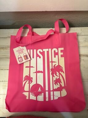 Justice Hot Pink Tote Bag with White Beach Graphic